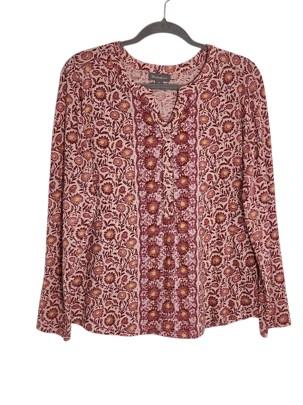 Style and Co Pink and Burgundy Floral Print Boho Top Size Medium